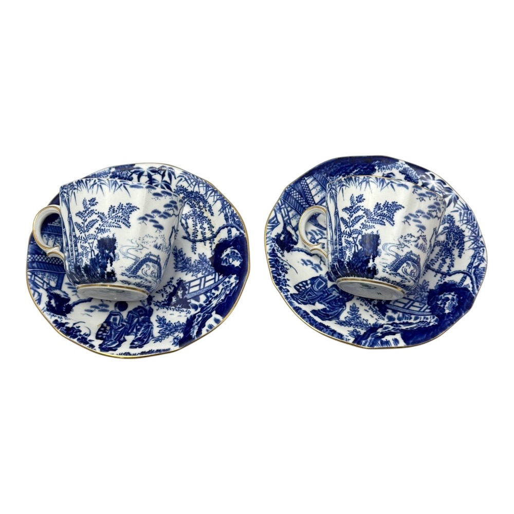 Royal Crown Derby Blue Mikado Fine Bone China Cup Saucer Lot 2 Gilt UK 1929 -31